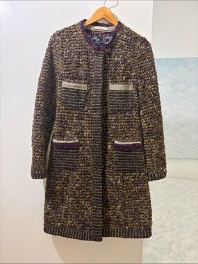 Womens Tweed Long Coat in Brown with Purple Trim by Unknown Brand